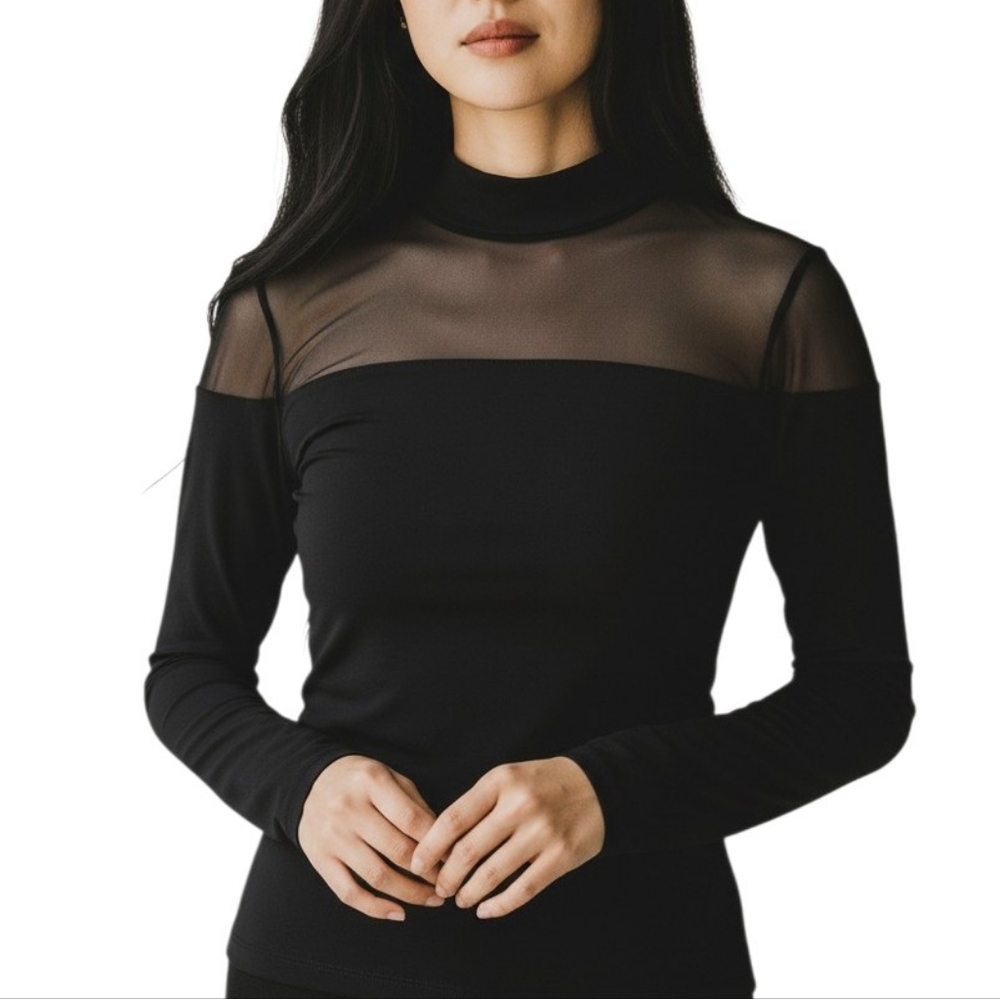 Black Sheer Mesh Collared Neckline & Solid Black  Long-Sleeve Top